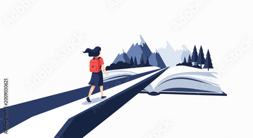 Illustration of a woman walking on a road emerging from an open book with a mountain landscape in the background.