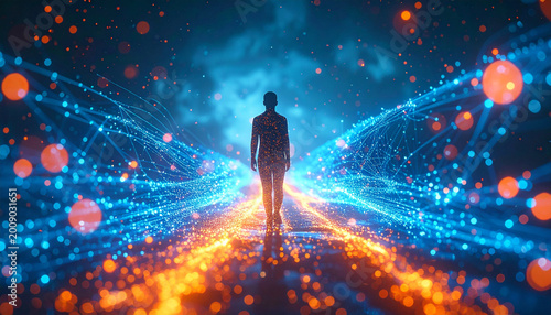 Human silhouette glowing fiber optic digital network futuristic technology blue orange abstract double exposure walking figure create vibrant energetic and immersive atmosphere