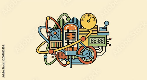 Intricate, colorful retro-futuristic contraption with gauges and digital display