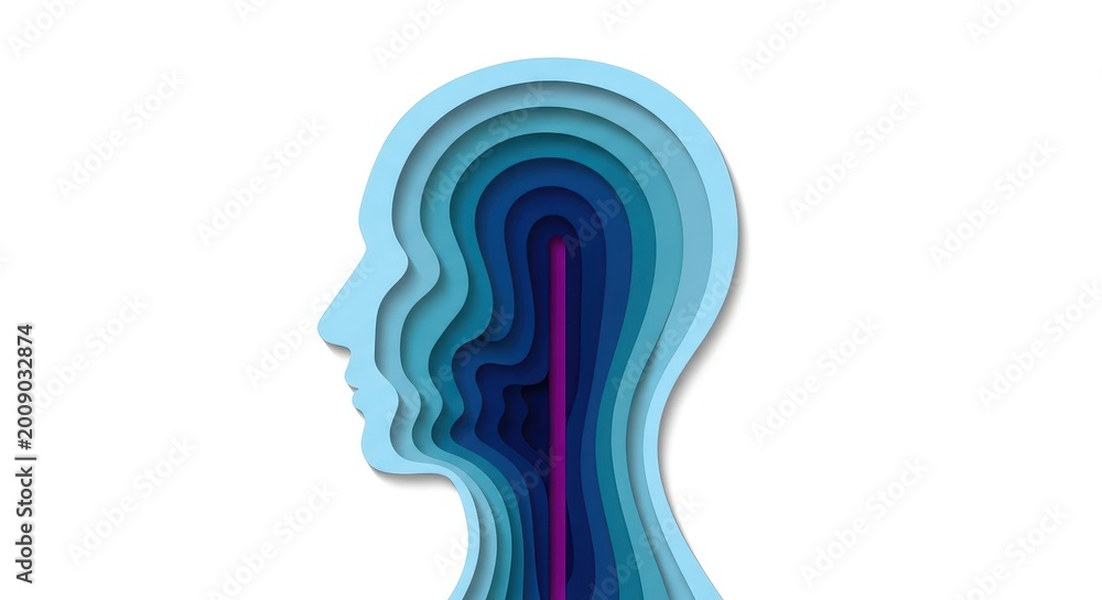 Naklejka premium Profile silhouette of a human head constructed from layered blue paper cutouts.