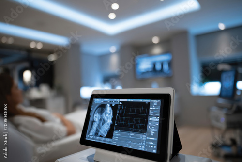 A sleek medical monitoring interface displays vital signs and a facial analysis, showcasing advanced healthcare technology in patient diagnosis and treatment settings.