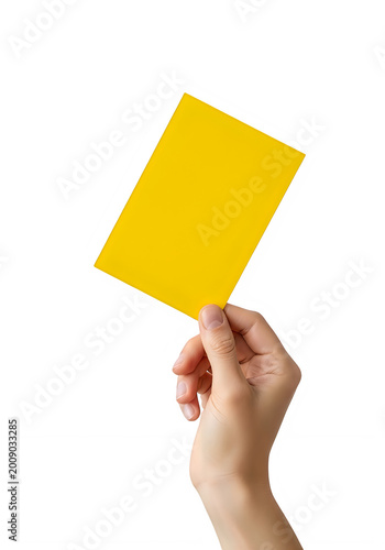 Hand holding a bright yellow card isolated on transparent background