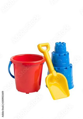 Bright plastic children's beach sand toys set with bucket and shovel isolated on transparent background