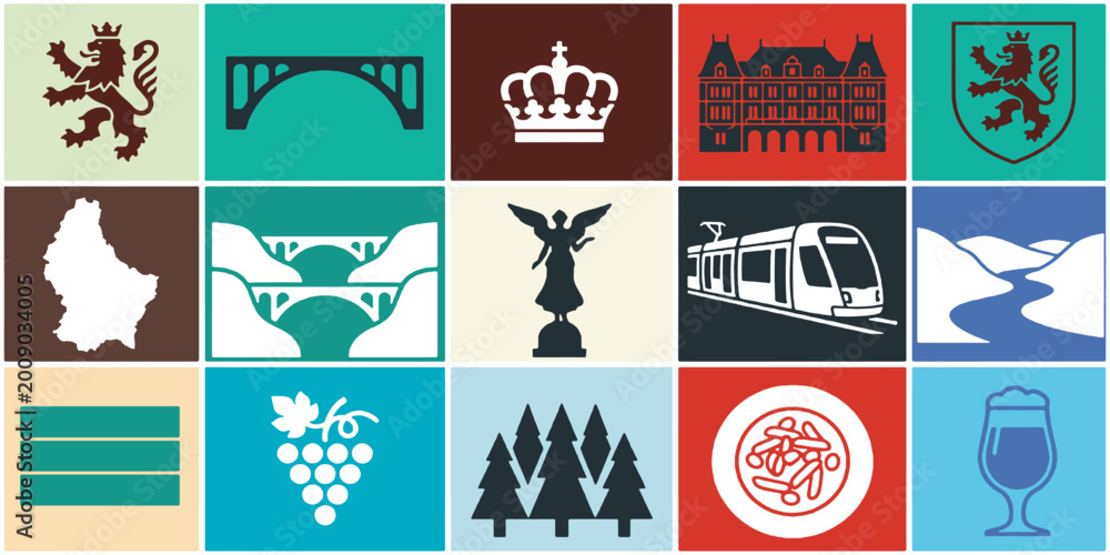 Fototapeta premium Collection of stylized icons representing Luxembourg landmarks, symbols, and culture.