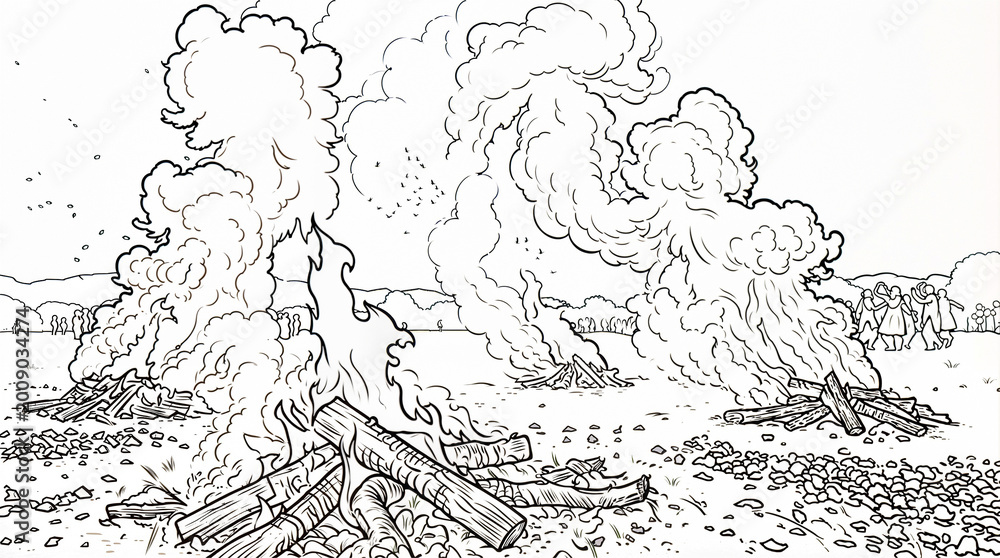 Obraz premium Coloring page of multiple bonfires outdoors with smoke rising — atmosphere of ancient fire ritual or festival, solemn and mystical