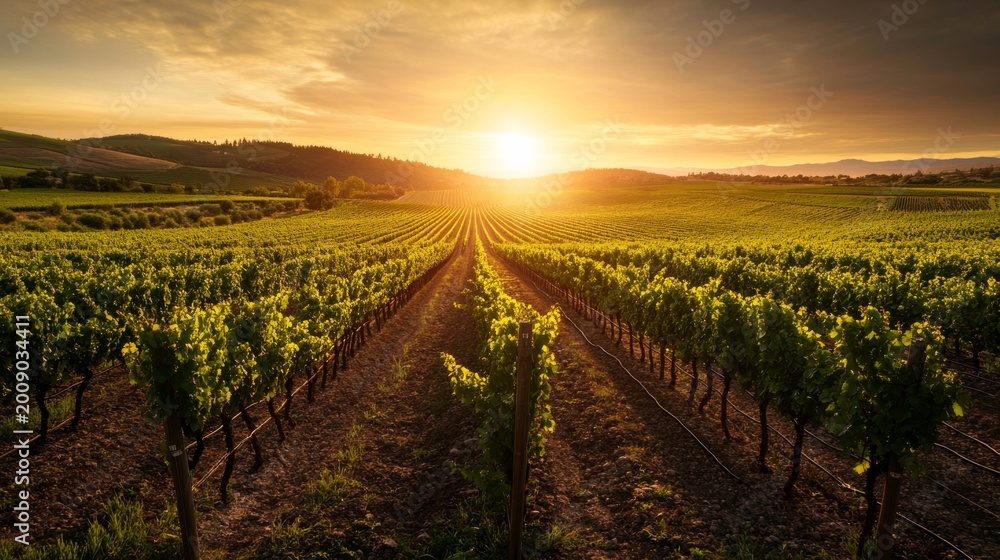 Fototapeta premium Sunset over vineyard fields with rows of grapevines stretching to the horizon