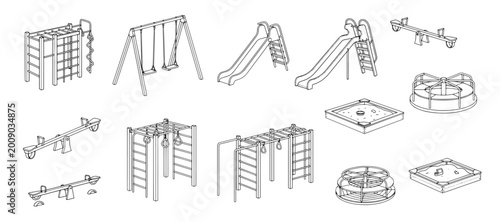 Vector line art set of playground equipment icons, featuring slides, swings, and gyms.