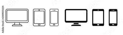 Obraz na plátně Collection of modern screen technology icons including desktop computer monitor tablet and smartphone in outline and solid black styles for web design development and digital media interface