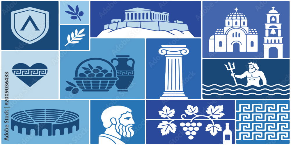 Fototapeta premium Collage of Ancient Greek Symbols and Landmarks in Blue Tones.