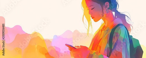 Healthy tech balance for teens. Colorful Woman Using Smartphone Digital Art, representing digital lifestyle, social media, communication, and modern technology interaction.