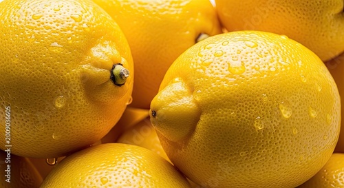 Fresh yellow lemons with water droplets arranged in a vibrant cluster