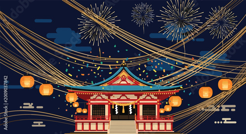 Traditional japanese shrine or temple decorated with glowing lanterns and colorful confetti during a festive night celebration.