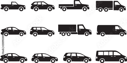Tableau sur toile Minimalist vehicle silhouette icons, set of 12 black car and truck vector symbol