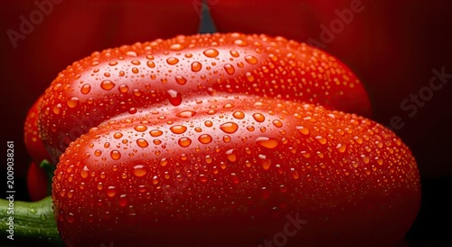 Fresh red bell pepper covered in clear glistening water droplets closeup