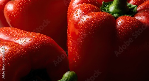 Fresh red bell peppers covered in tiny clear water droplets closeup
