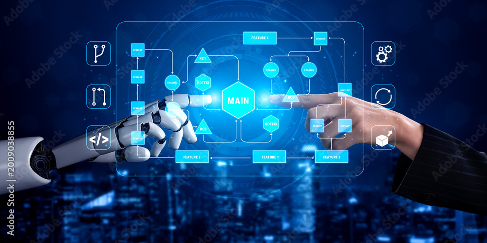 Naklejka premium Human and Robot Hand Reaching Towards a Digital Interface with Technology Graphics and Futuristic Elements in a High-Tech Setting Quark.