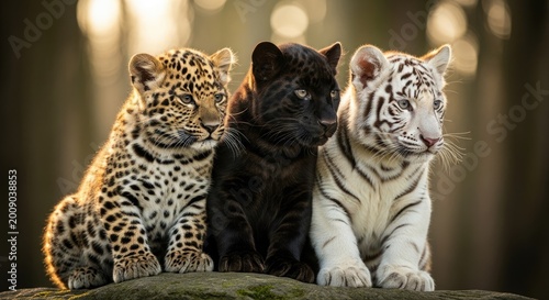 Three adorable spotted black and white baby big cats sitting together