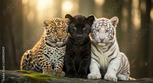 Cute leopard panther and white tiger cubs sitting together in forest