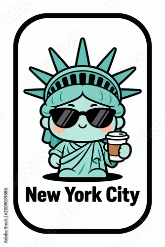 Cartoon illustration of the Statue of Liberty wearing sunglasses and holding a coffee cup with a cheerful expression inside a rounded rectangle frame with New York City text on a white