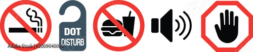 Vector illustration of prohibition and warning icons including no smoking, no food, do not disturb, sound, and stop hand symbols