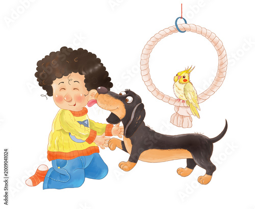 favorite pets. a cute boy is playing with his pets. illustration for children. cute and funny cartoon characters isolated on white background.