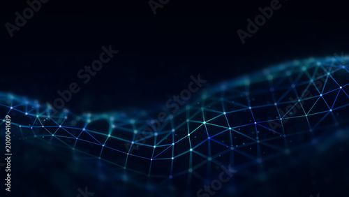 Abstract blue low poly network wave on dark background. Connected nodes and lines form futuristic digital mesh. Technology data visualization.

