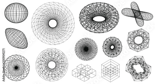Large collection of diverse 3D wireframe geometric shapes including spheres, toroids, and complex mathematical spirals.