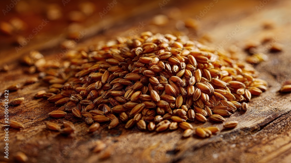 Obraz premium Rustic grain scene featuring barley seeds on wood with warm color palette