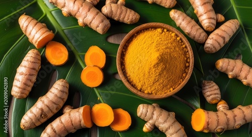 Fresh turmeric roots and bright yellow powder in a wooden bowl