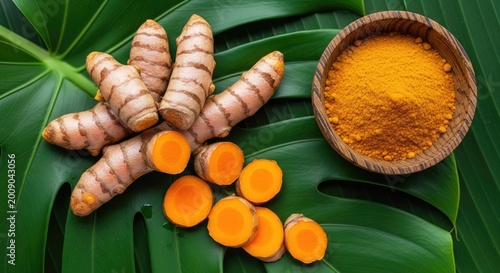 Fresh turmeric roots and bright orange powder in a wooden bowl