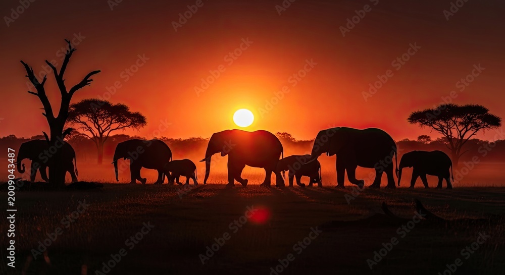 Fototapeta premium Herd of Elephants at Sunset in Savannah.