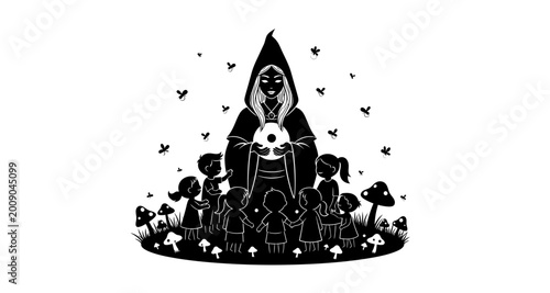 Fotografía Silhouette of witch and children in a forest on transparent background