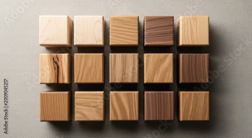 Twelve polished wooden cubes showing diverse natural wood grain patterns and textures