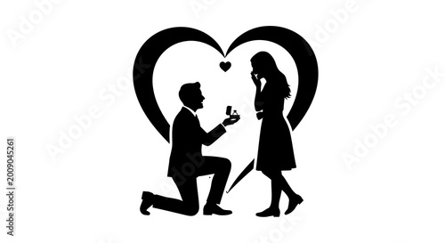 Foto Silhouette of a man proposing to a woman within a heart shape