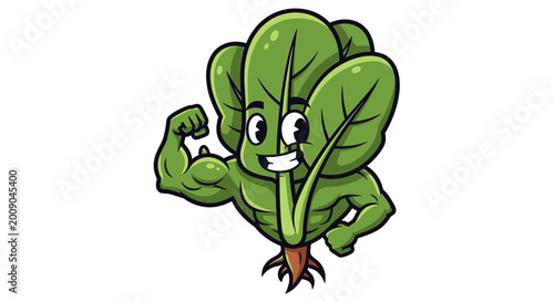 Cartoon spinach character flexing muscles isolated on white background