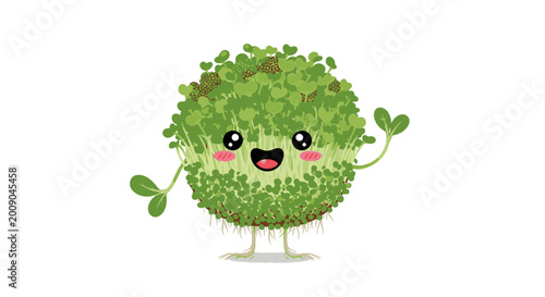 Cartoon sprout character smiling with green leaves isolated on white background
