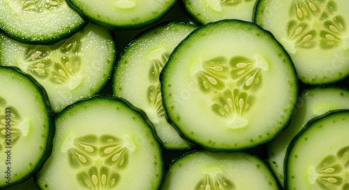 Many fresh green cucumber slices arranged together in a close pattern