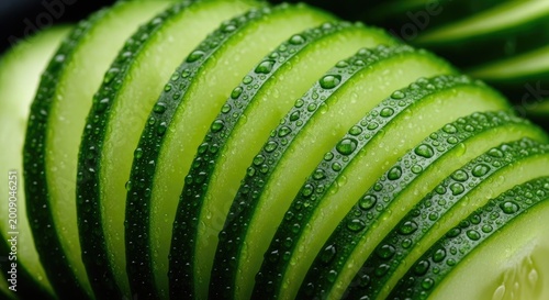 Thinly sliced fresh green cucumber pieces with sparkling water droplets on top