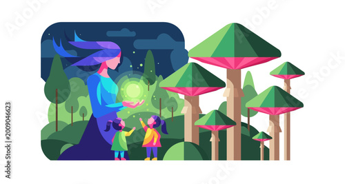 Canvastavla Fairy with children in enchanted forest vector illustration on transparent backg