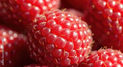 Fresh vibrant red raspberries gathered together in a macro close up shot