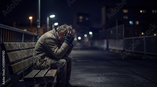 Despondent Man Sitting on Park Bench at Night in City