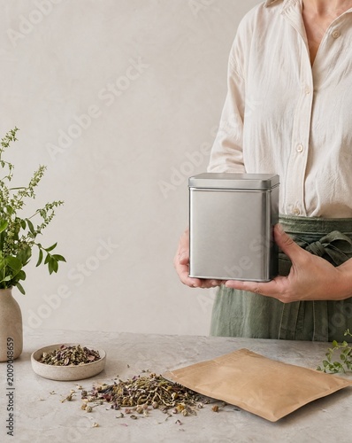 Woman holding metal tea container beside dried herbs on table  