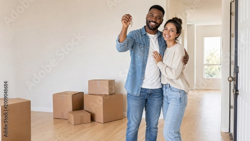 Young couple celebrating new home with keys and moving boxes  