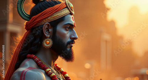 Indian man dressed as Lord Rama with traditional orange turban and jewelry. Portrait of deity character celebrating Diwali festival. Cultural religious mythology and historical legend.