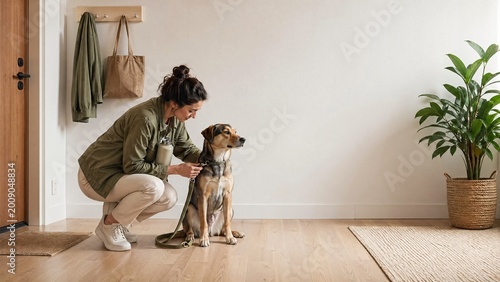 Woman preparing her dog for walk in modern home environment  