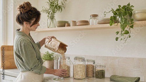 Woman pouring grains into a jar in a modern kitchen setting  