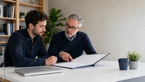 Two men analyzing documents together at a desk in modern office  