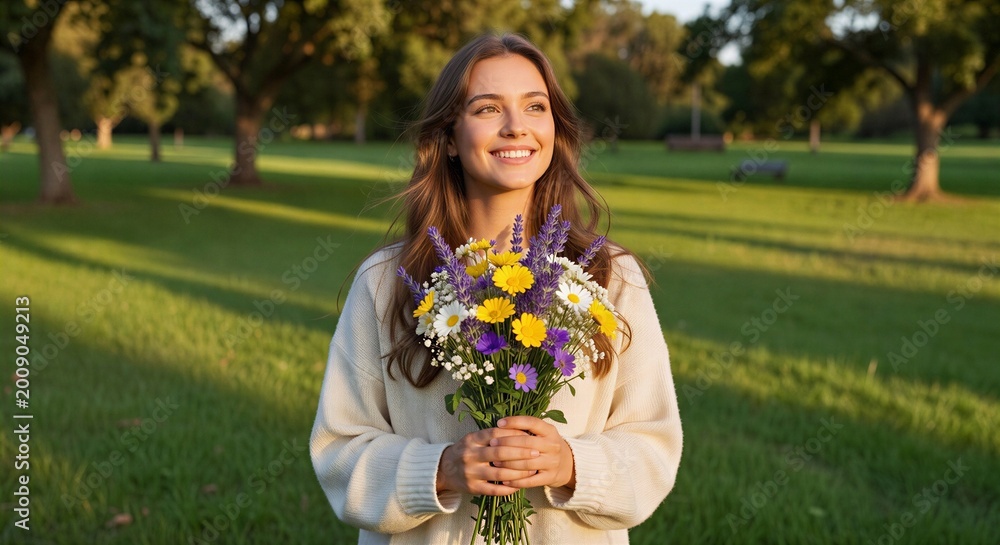 Fototapeta premium Woman holding wildflower bouquet in sunny public park. Smiling young female standing outdoors with floral bunch during springtime. Nature recreation and lifestyle joy concept.