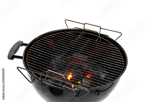 Black charcoal barbecue grill with hot coals, round BBQ grill isolated on transparent background PNG top view