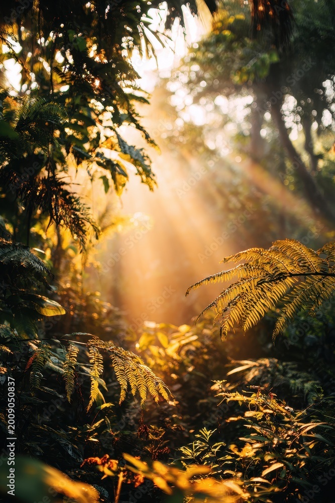 Fototapeta premium Softly lit jungle scene bathed in warm light, ideal for overlay text